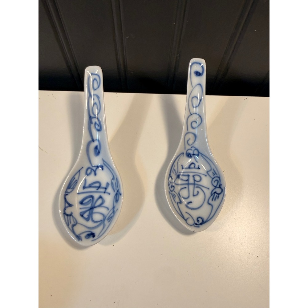 Vintage Blue and White Ceramic Chinese Soup Spoons Set of 2 Hand Painted Asian